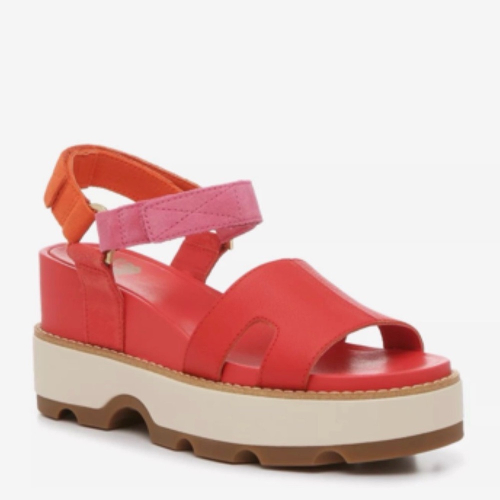 NWB Sorel Joanie IV Wedge Sandal, Red Glo/Honey White/Pink, Size 7.5